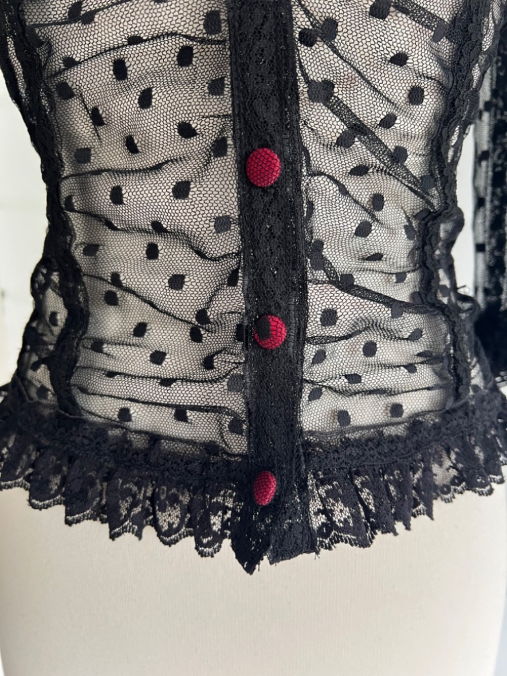 Vintage BETSEY JOHNSON Mesh/Lace Swiss Dot Button Up Blouse - 4* (XS) - Picture 4 of 13